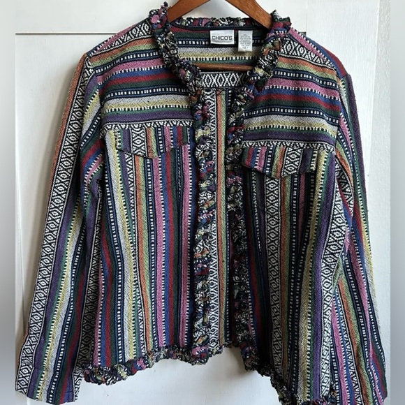 ♟️Chico’s Vintage 90’s Multi Color Rainbow Embroidered Boho Cotton Jacket Size M - Picture 5 of 7